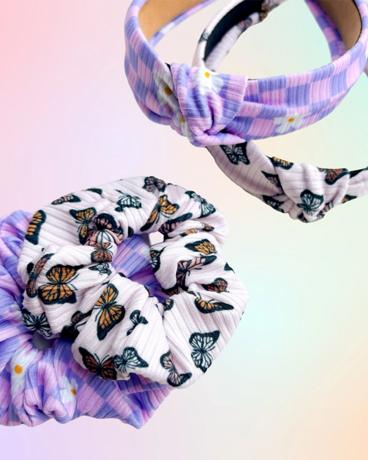 Butterfly & Purple Checks • Headband & Scrunshies